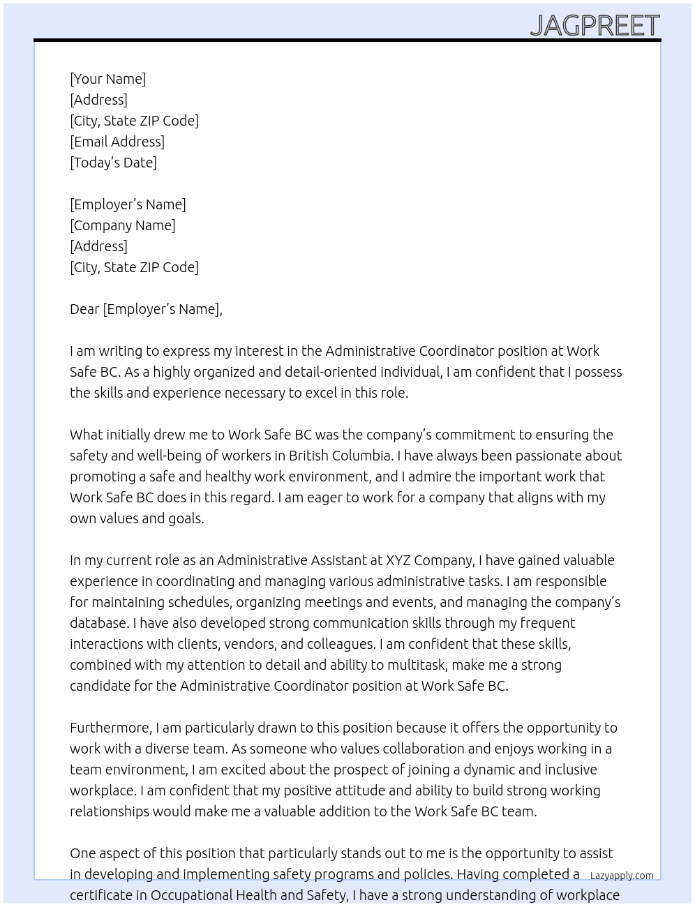 Administrative Coordinator  At Work Safe BC Cover Letter