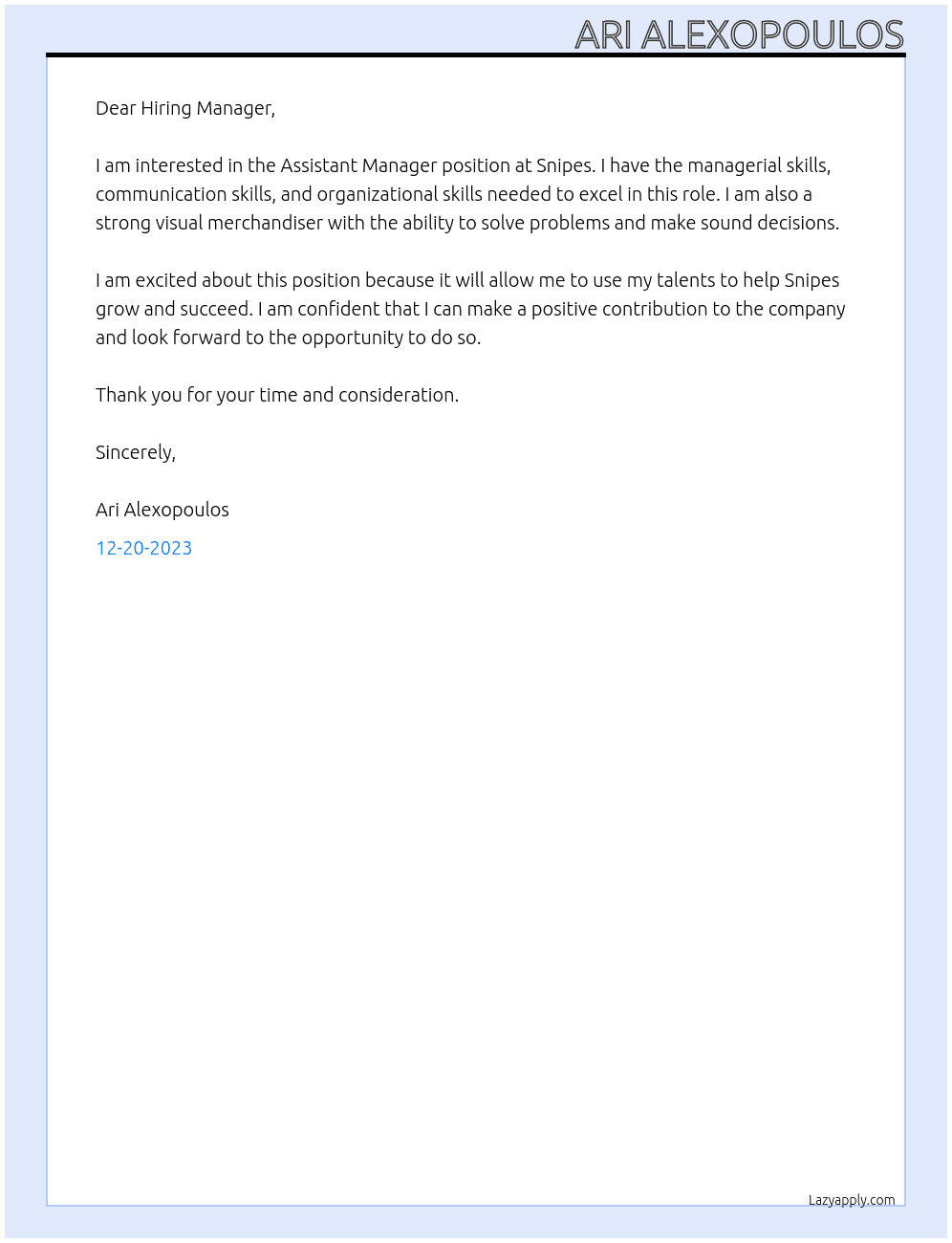 Assistant Manager At Snipes Cover Letter