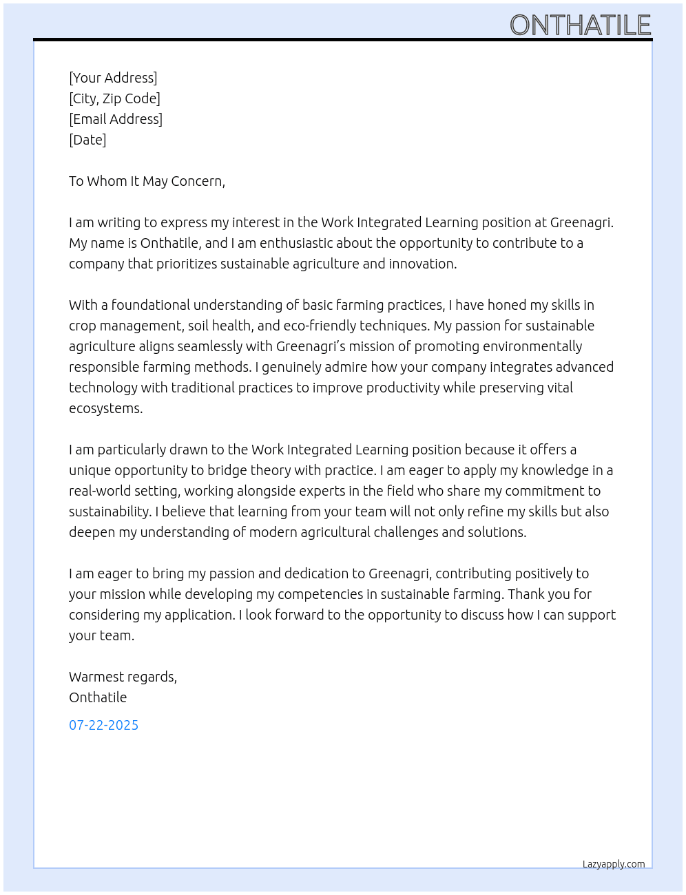 Work integrated learning  At Greenagri Cover Letter