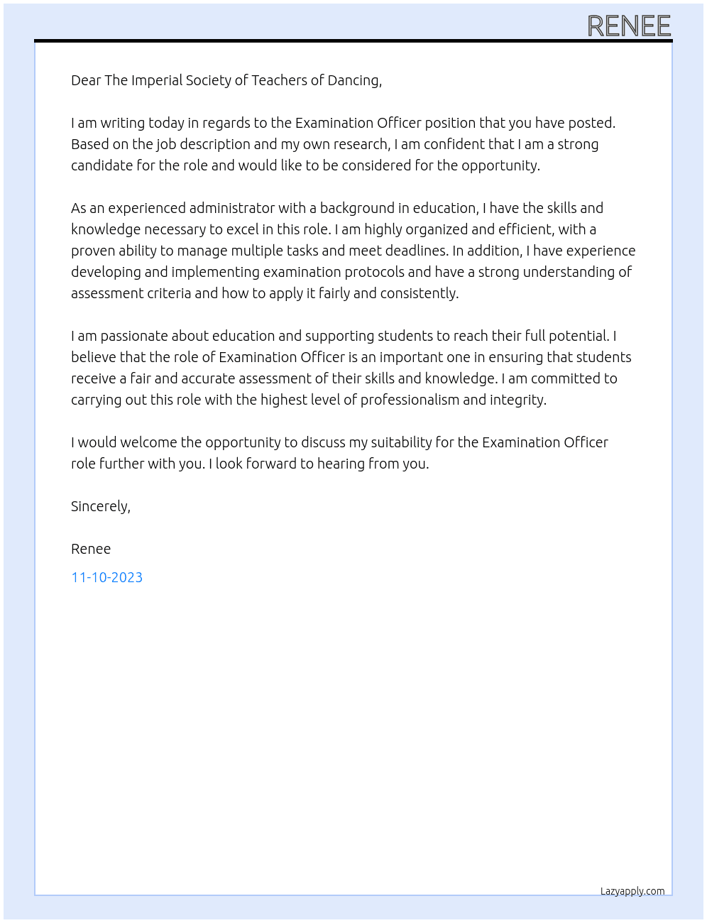 Examination Officer At The Imperial Society of Teachers of Dancing Cover Letter
