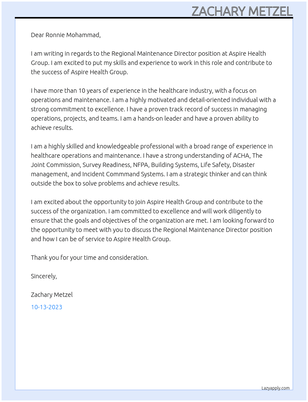 Regional maintenance director At Aspire Health Group Cover Letter