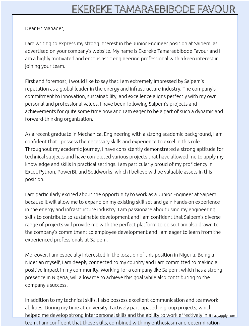 Junior Engineer  At Saipem Cover Letter