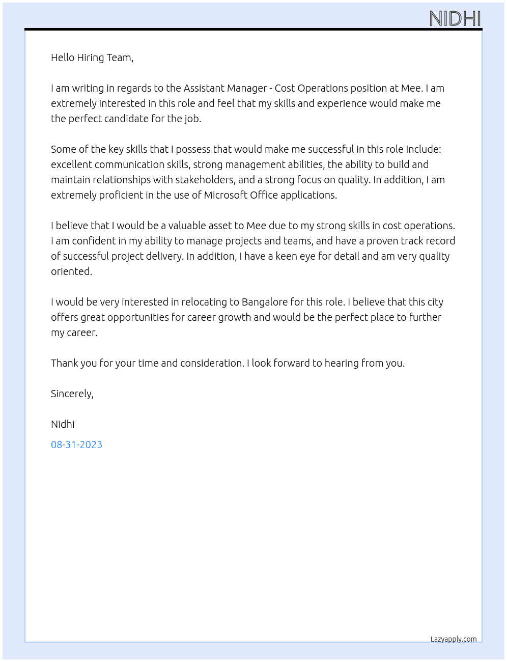 Assistant Manager - Cost Operations At Mee Cover Letter