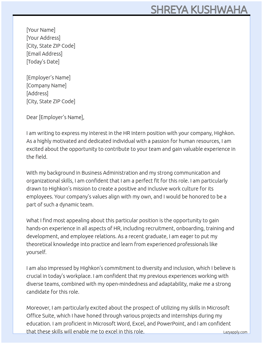 HR intern  At Highkon Cover Letter