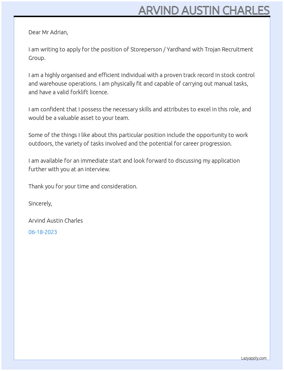 Storeperson / Yardhand At Trojan Recruitment Group Cover Letter
