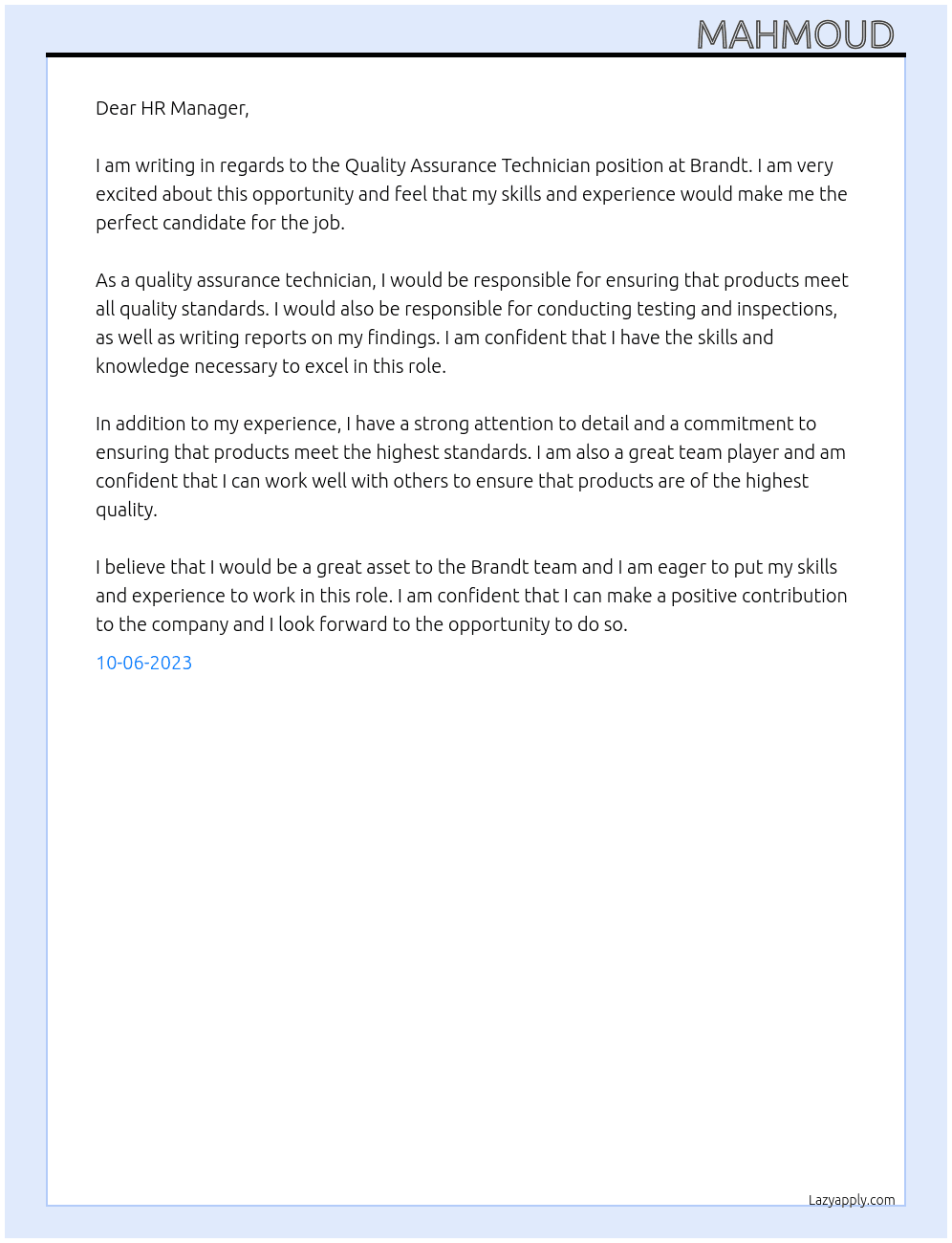 Quality Assurance Technician At Brandt Cover Letter