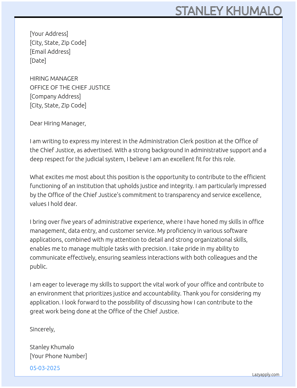 administration clerk  At OFFICE OF THE CHIEF JUSTICE Cover Letter