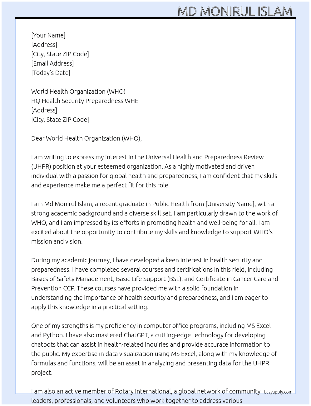 Universal Health and Preparedness Review (UHPR)  At HQ Health Security Preparedness WHE Cover Letter