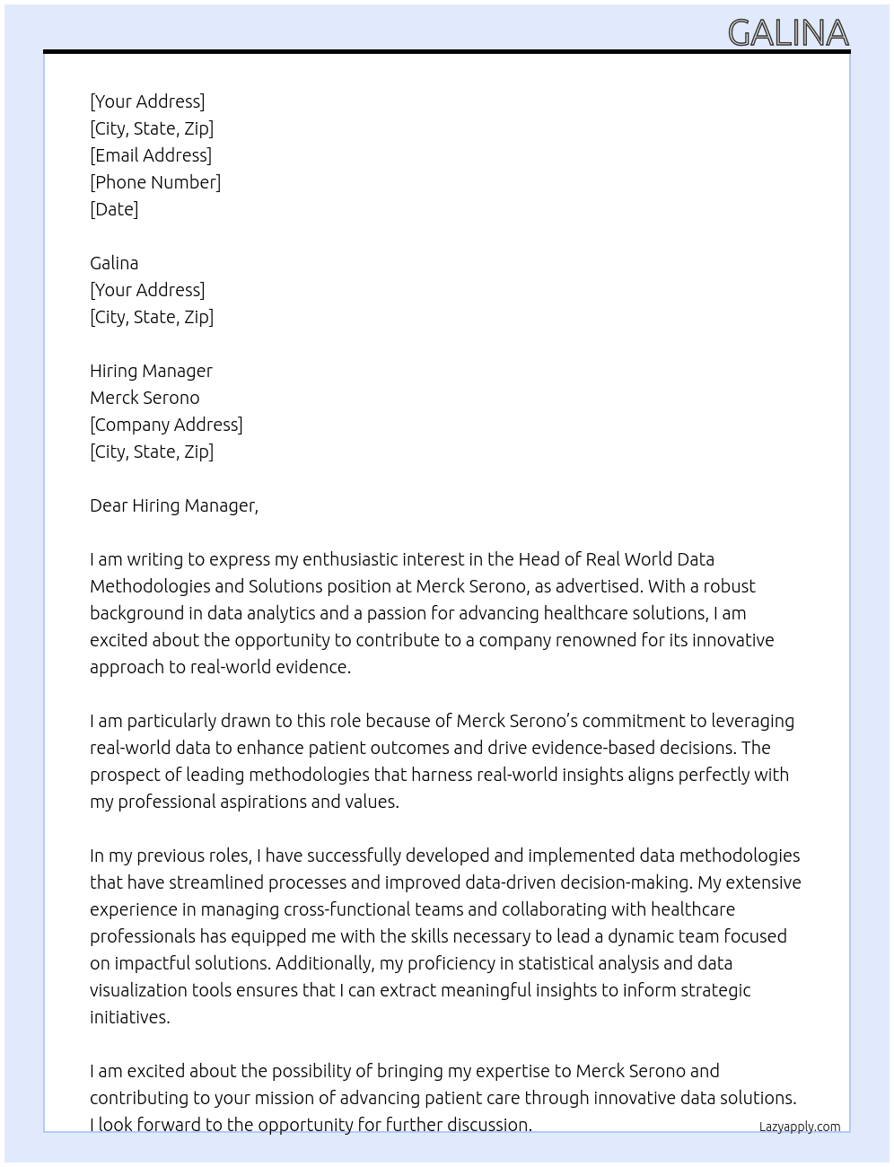 Cover letter for head of real world data methodologies and solutions - LazyApply