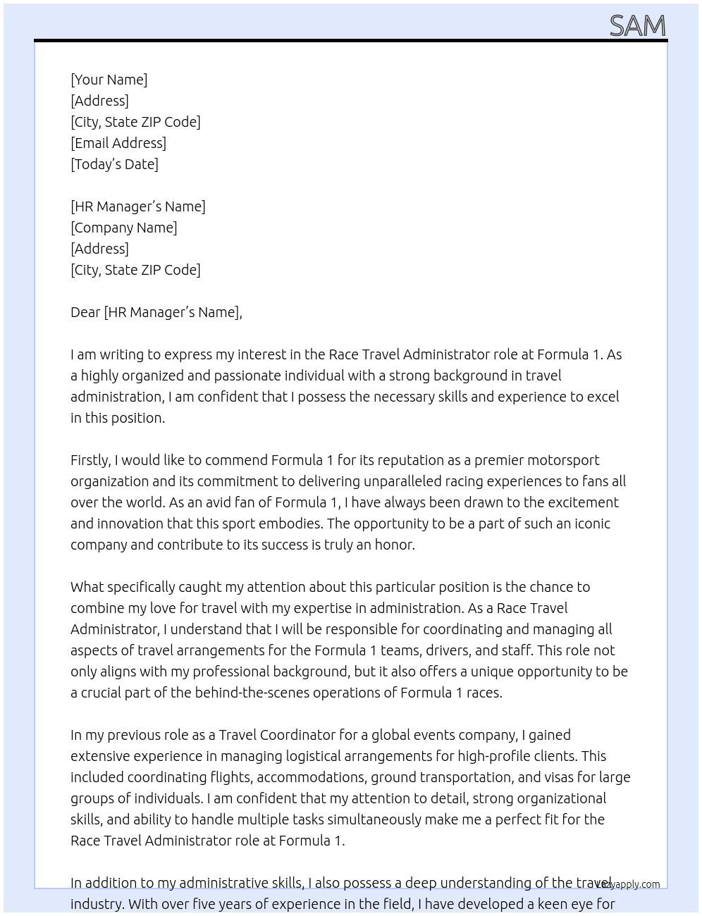 Travel administrator  At Formula 1 Cover Letter
