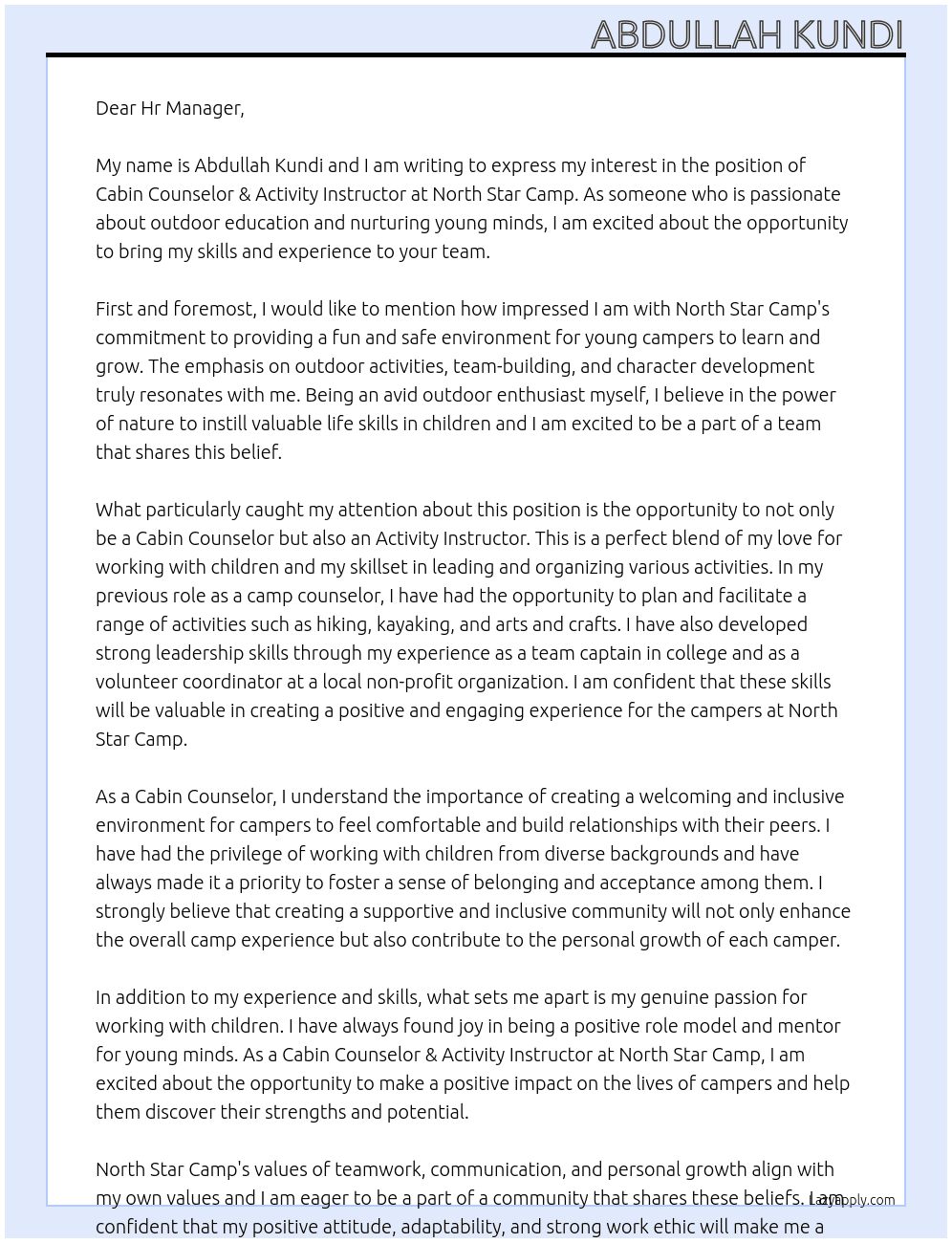 Cabin Counselor & Activity Instructor At North Star Camp Cover Letter