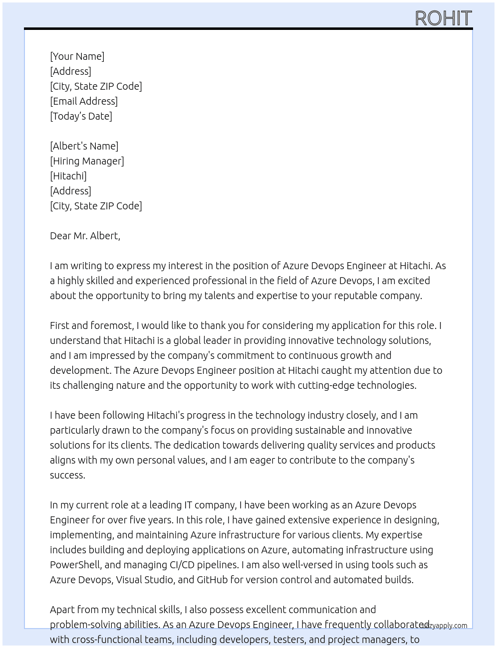 Azure Devops Engineer  At Hitachi Cover Letter