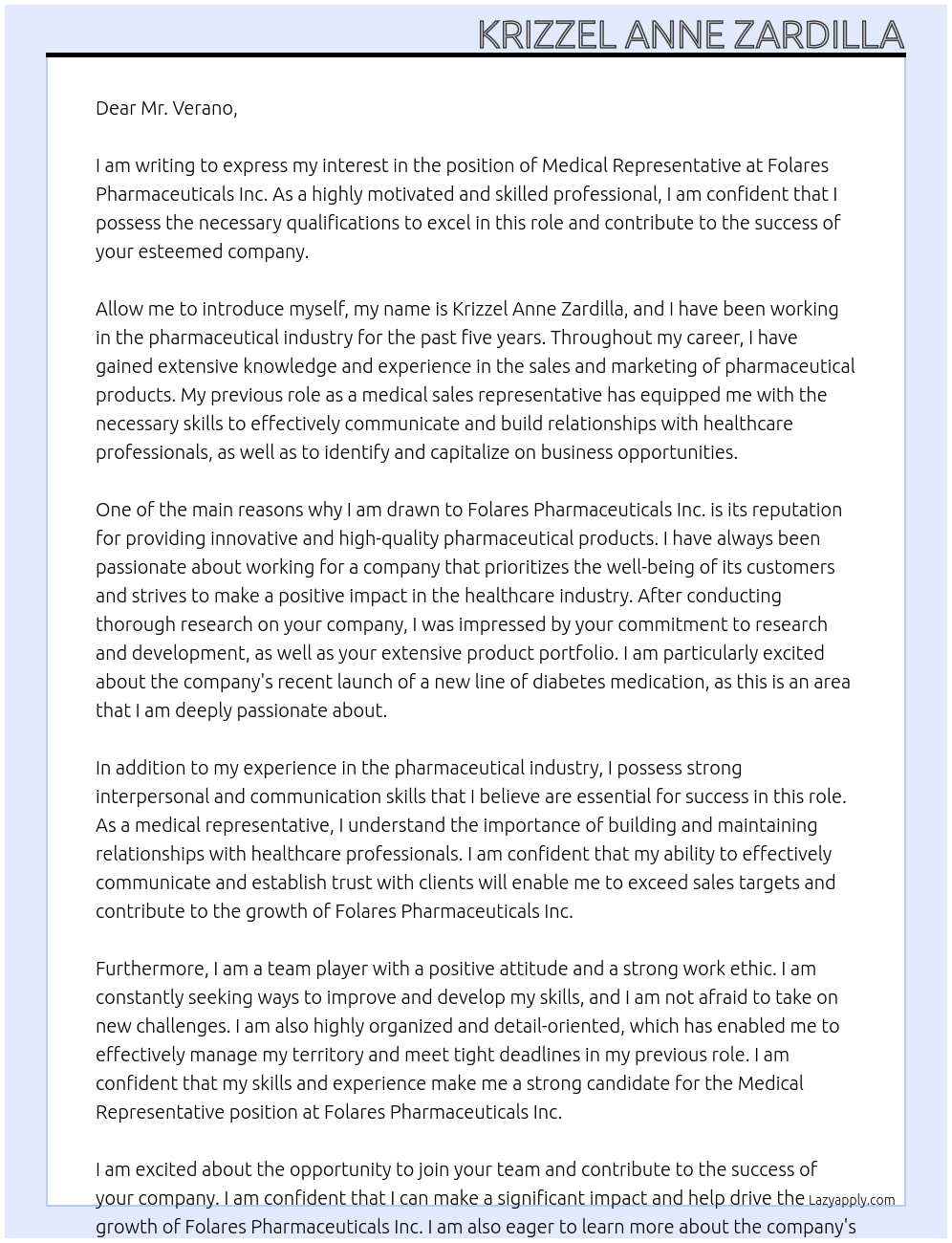 medical representative At folares pharmaceuticals inc. Cover Letter