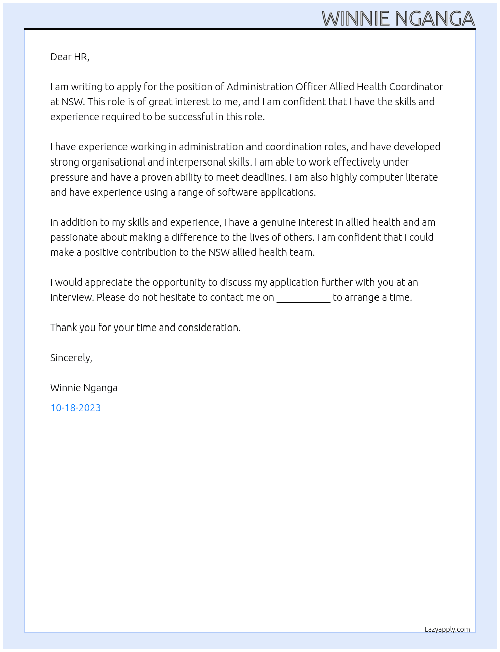 Administration Officer Allied Health Coordinator At NSW Cover Letter
