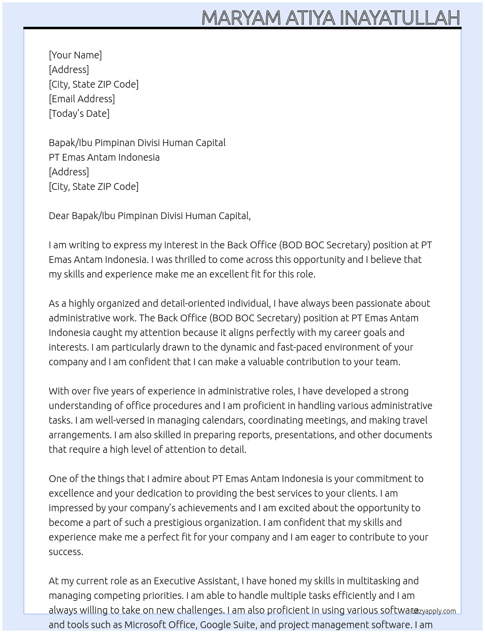 Back Office (BOD BOC Secretary) At PT Emas Antam Indonesia Cover Letter