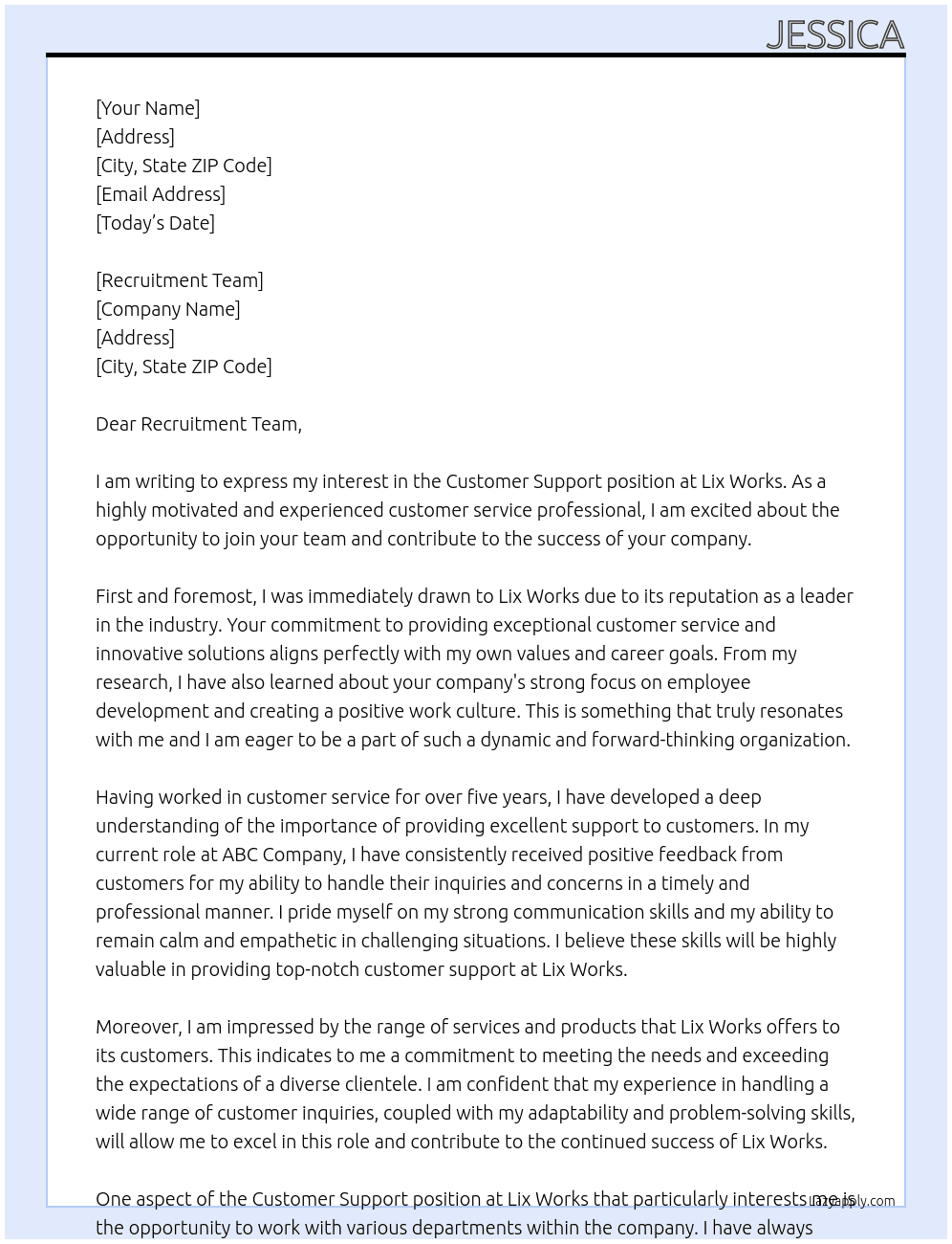 Customer support At Lix Works Cover Letter