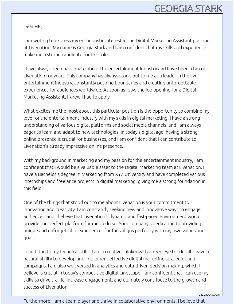 Digital marketing assistant At Livenation Cover Letter