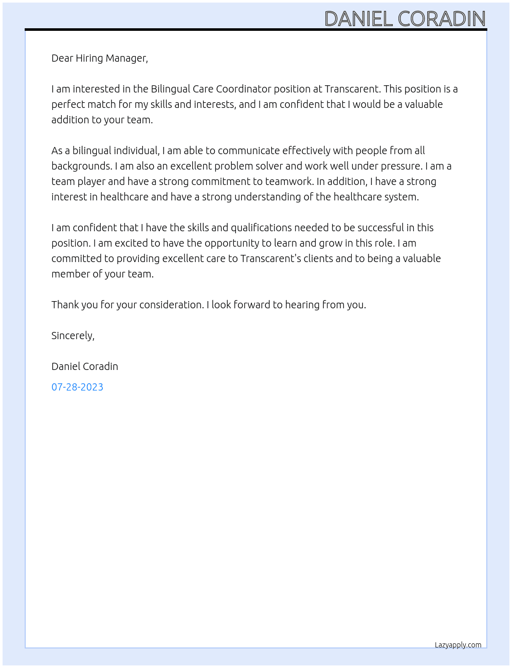 Bilingual Care Coordinator At Transcarent Cover Letter