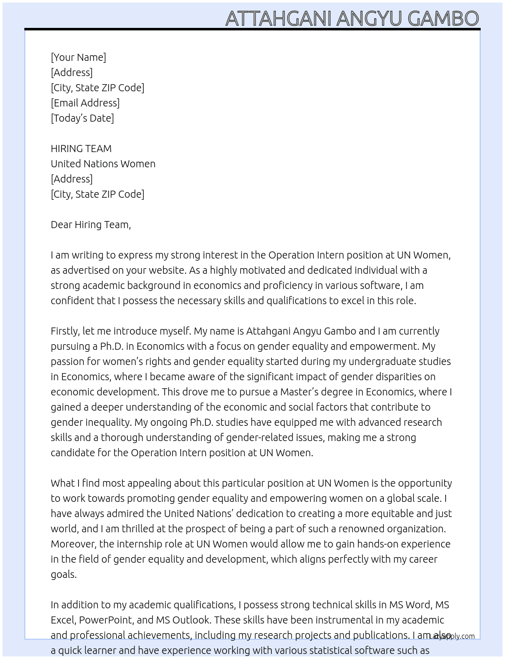 OPERATION INTERN AT UN WOMEN At UNITED NATIONS WOMEN Cover Letter