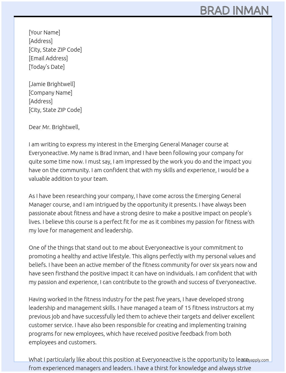 Emerging general manager course  At Everyoneactive Cover Letter