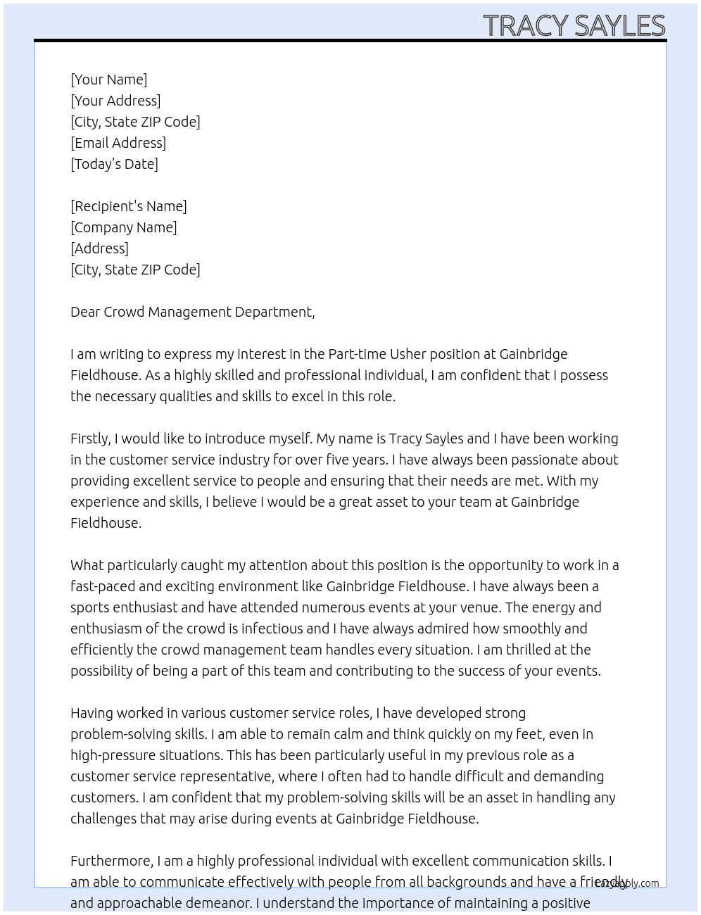 Part time Usher At Gainbridge Fieldhouse Cover Letter