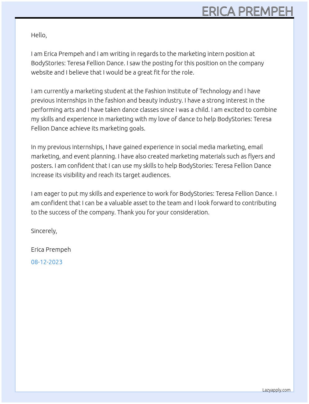 Marketing intern At BodyStories: Teresa Fellion Dance  Cover Letter