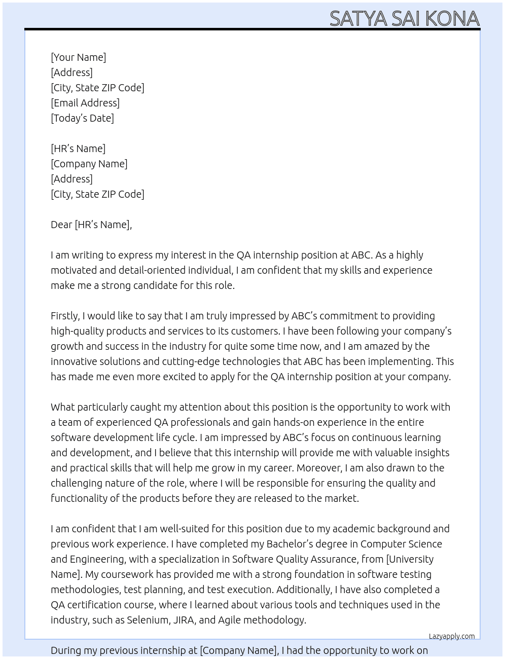 QA internship At abc Cover Letter