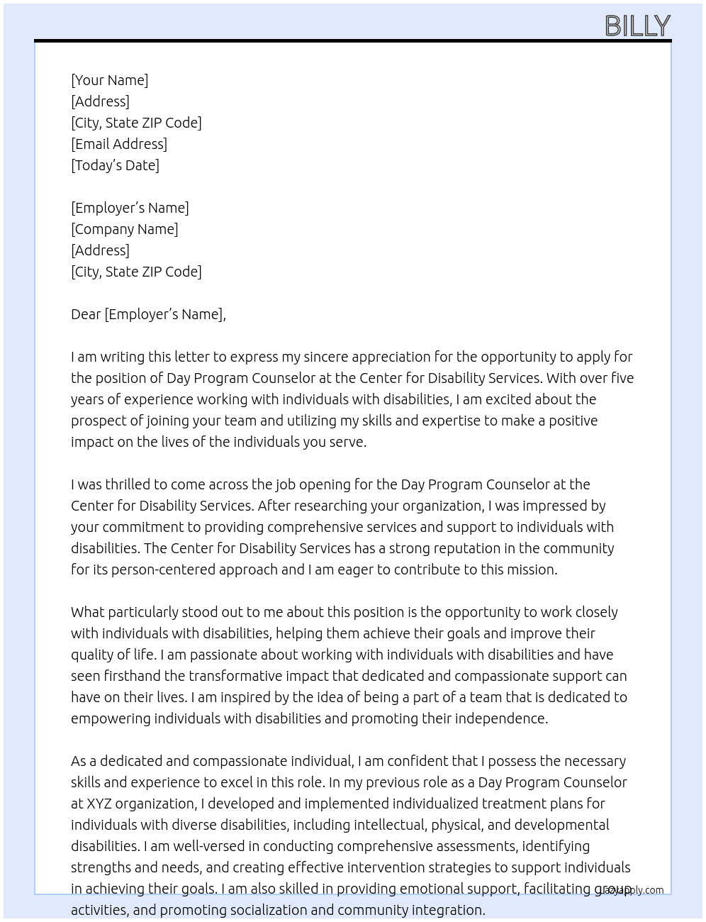 Day Program Counselor At Center for Disability Services Cover Letter