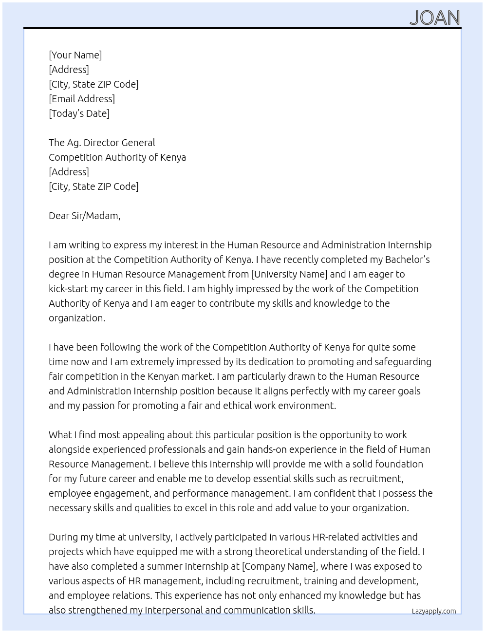 Human Resource and Administration Internship At Competition Authority of Kenya Cover Letter