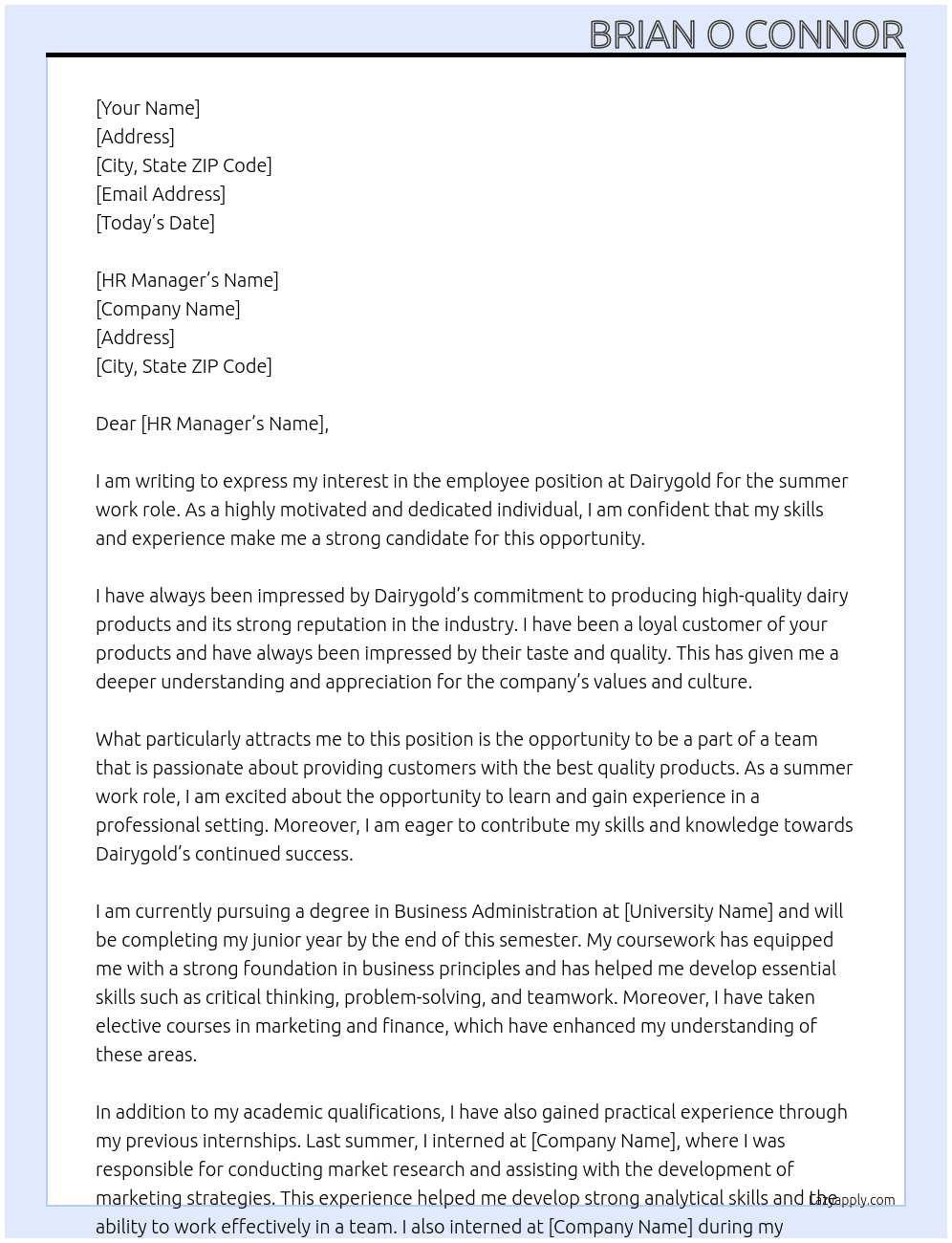 employee At Dairygold Cover Letter