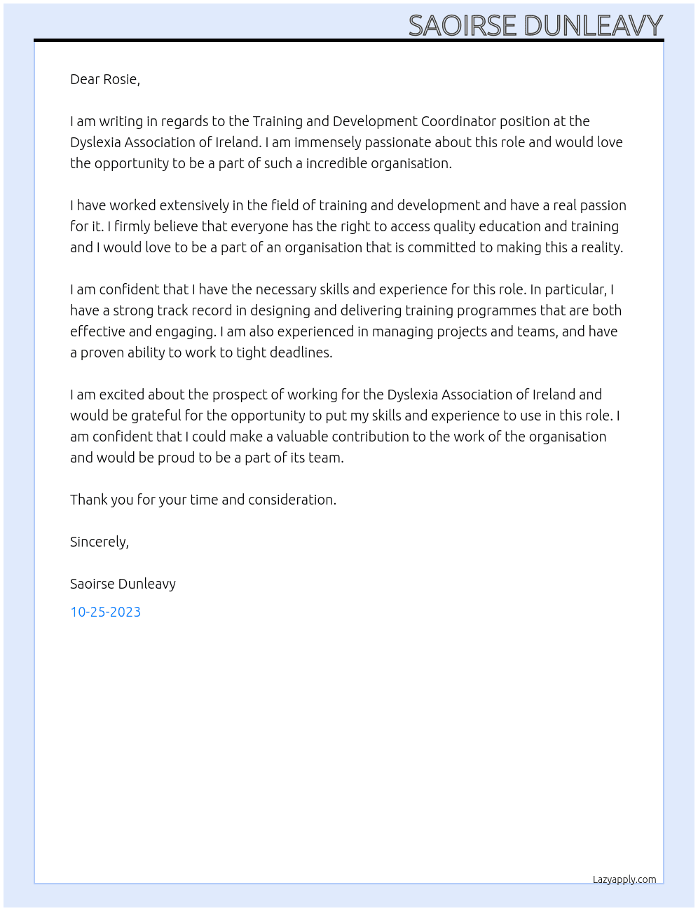 Training and Development Coordinator  At Dyslexia Association of Ireland Cover Letter
