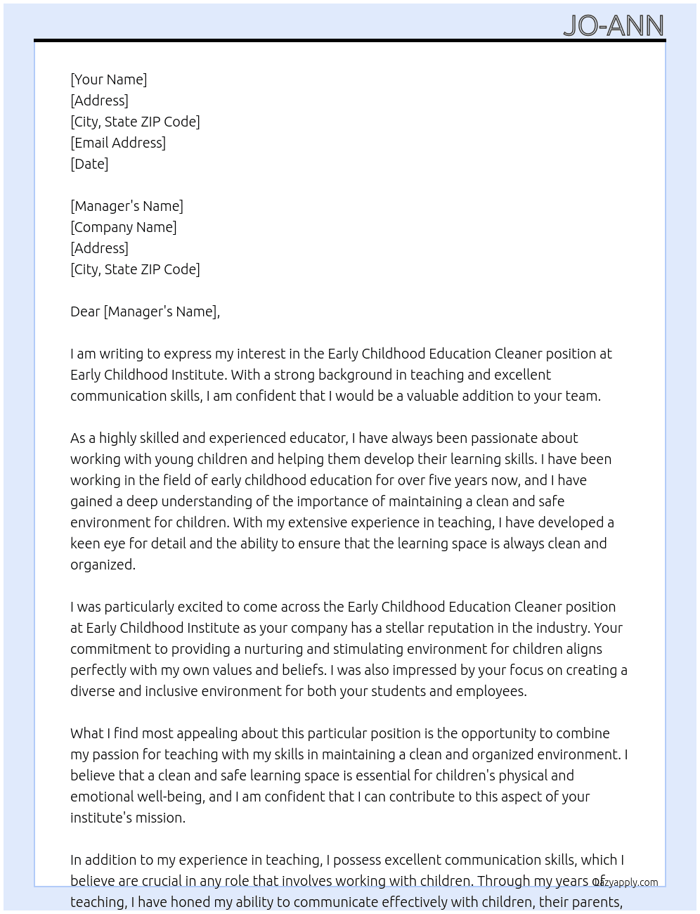 Early childhood education cleaner At Early childhood institute  Cover Letter