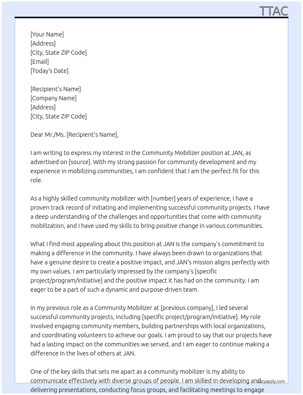 Community Mobilizer At JAN Cover Letter