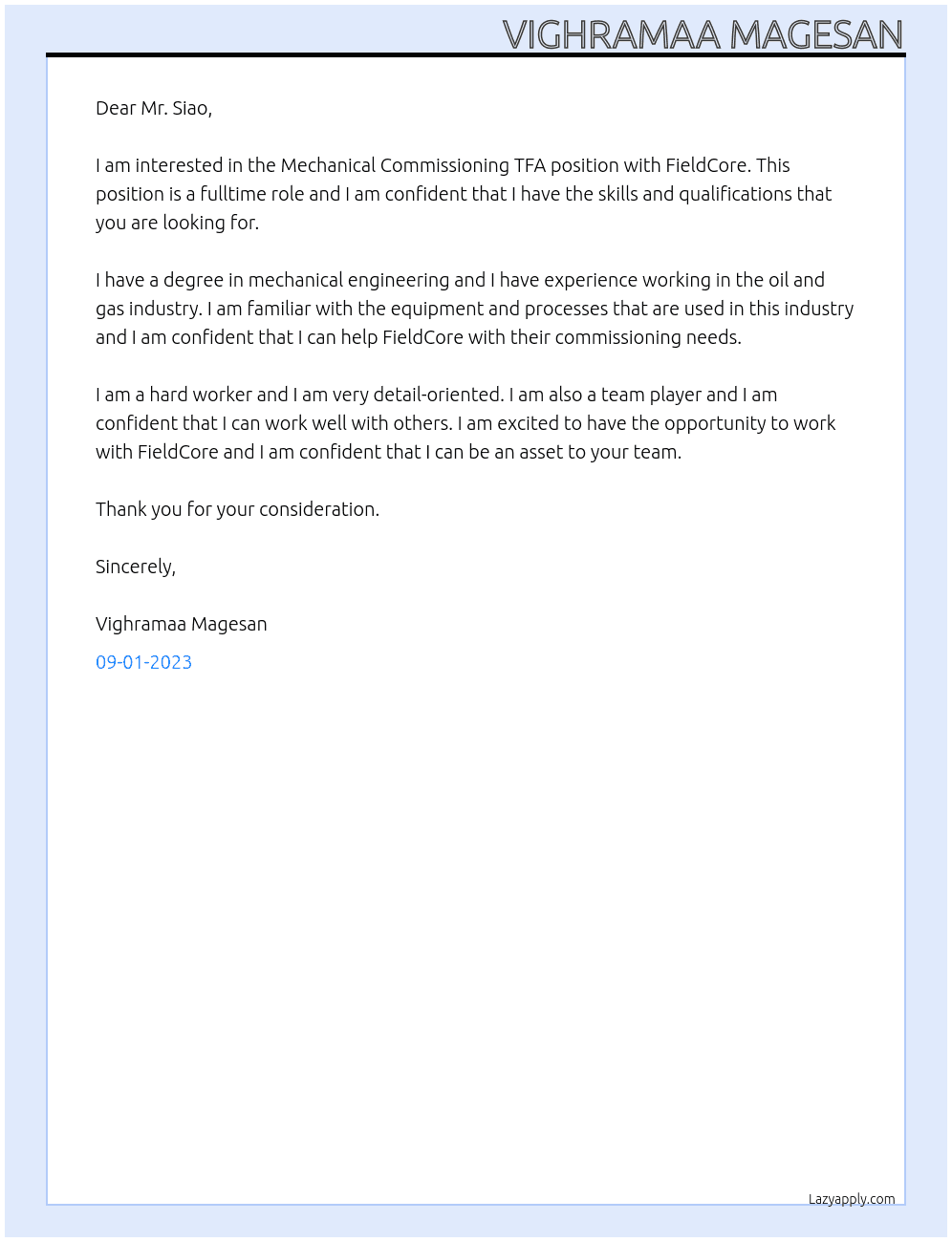 Mechanical Commissioning TFA At FieldCore Cover Letter