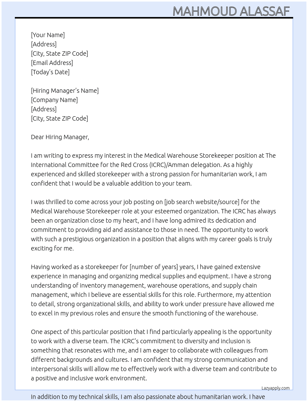 Cover letter for medical warehouse storekeeper - LazyApply