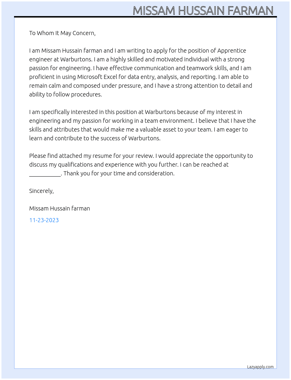 Apprentice engineer  At Warburtons  Cover Letter