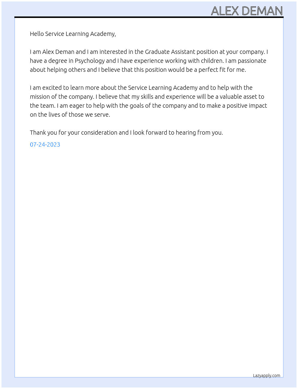 Graduate Assistant At Service Learning Academy Cover Letter
