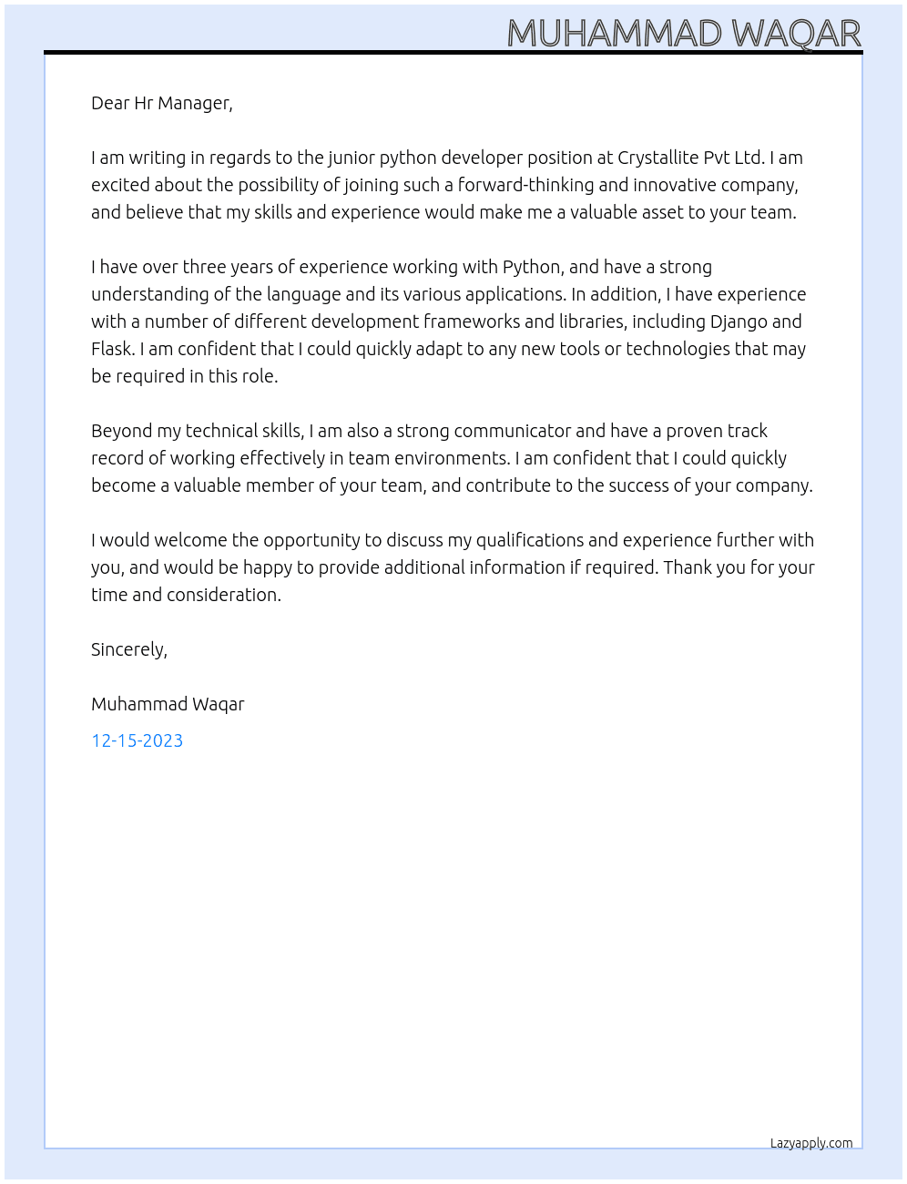 junior python developer At Crystallite Pvt Ltd Cover Letter