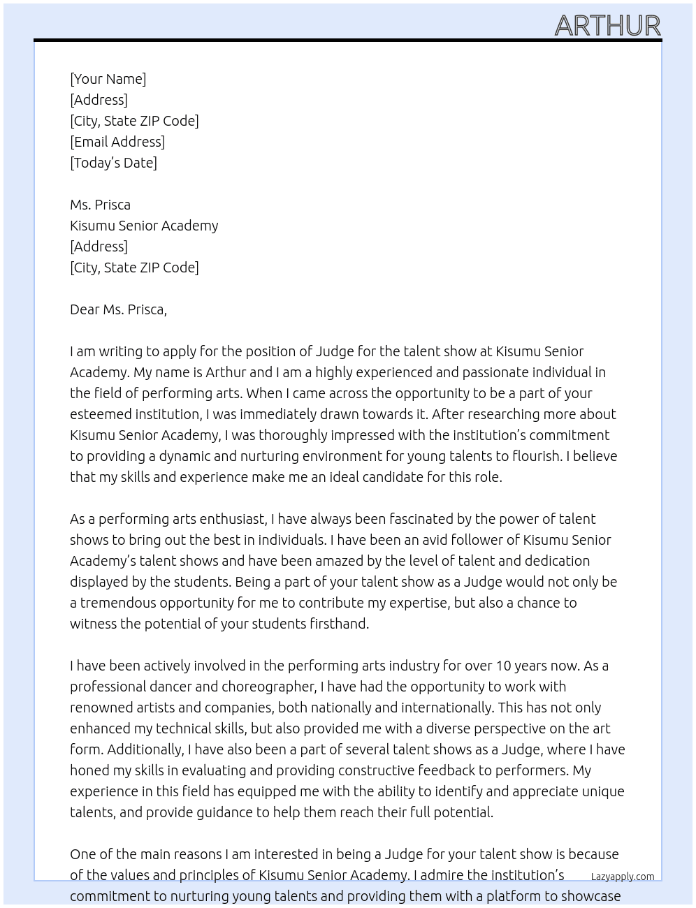 Judge for talent show At Kisumu Senior Academy Cover Letter