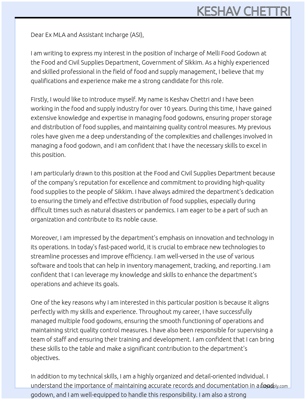 Incharge of Melli Food Godown At food and civil supplies deaprtment,Govt of sikkim Cover Letter