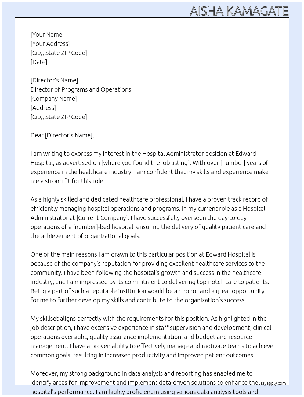 Hospital Administrator At Edward hospital Cover Letter