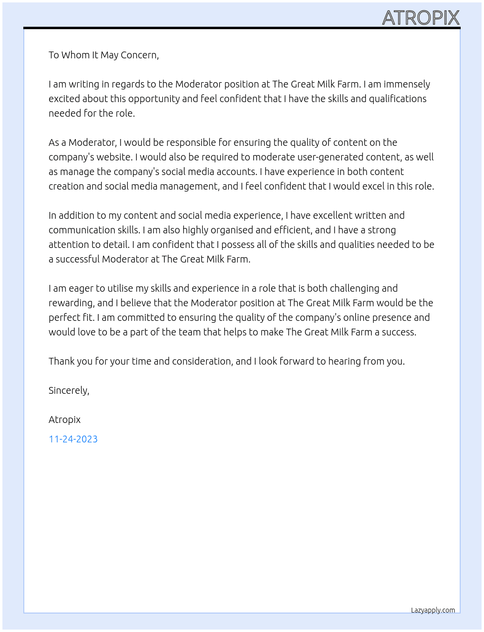 Moderator At The Great Milk Farm Cover Letter
