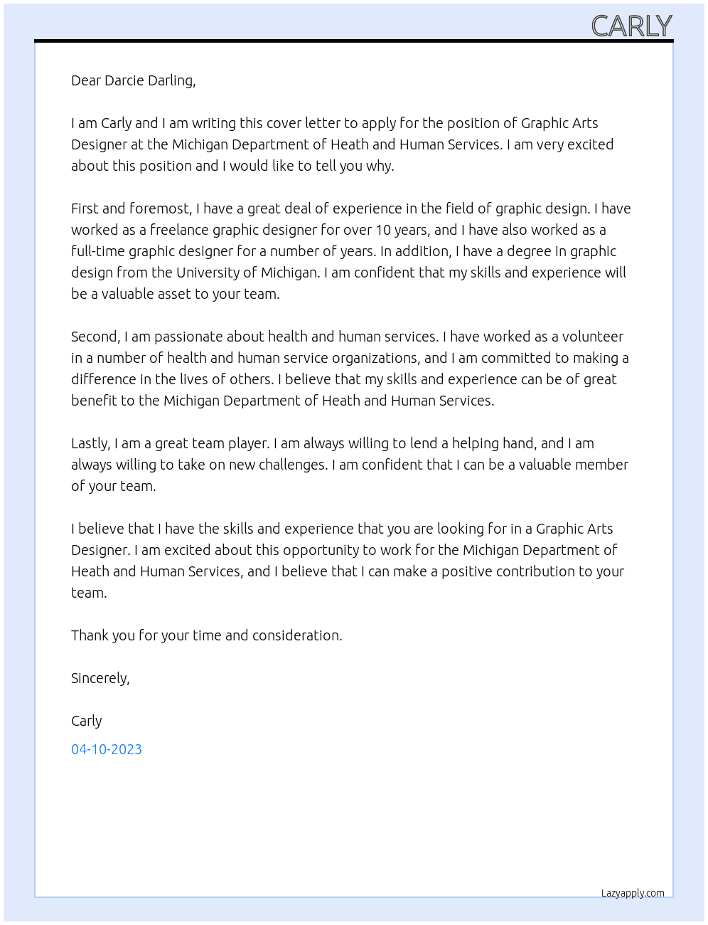 Graphic Arts Designer At Michigan Department of Heath and Human Services Cover Letter