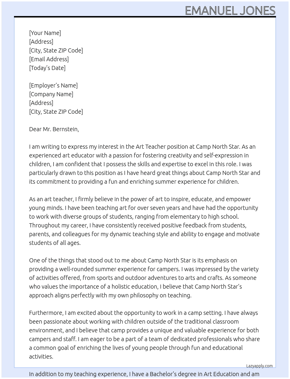 Art Teacher At Camp North Star Cover Letter