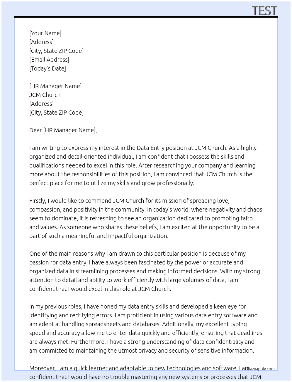 data entry At JCM church Cover Letter