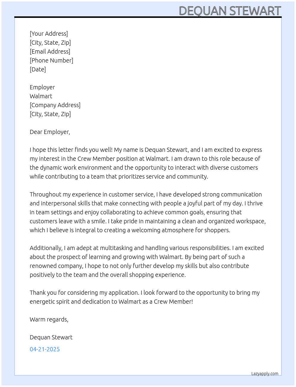 Crew member  At Walmart Cover Letter