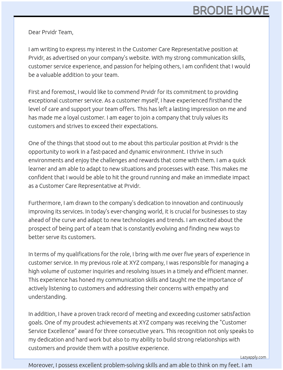 Customer Care Representative  At Prvidr Cover Letter