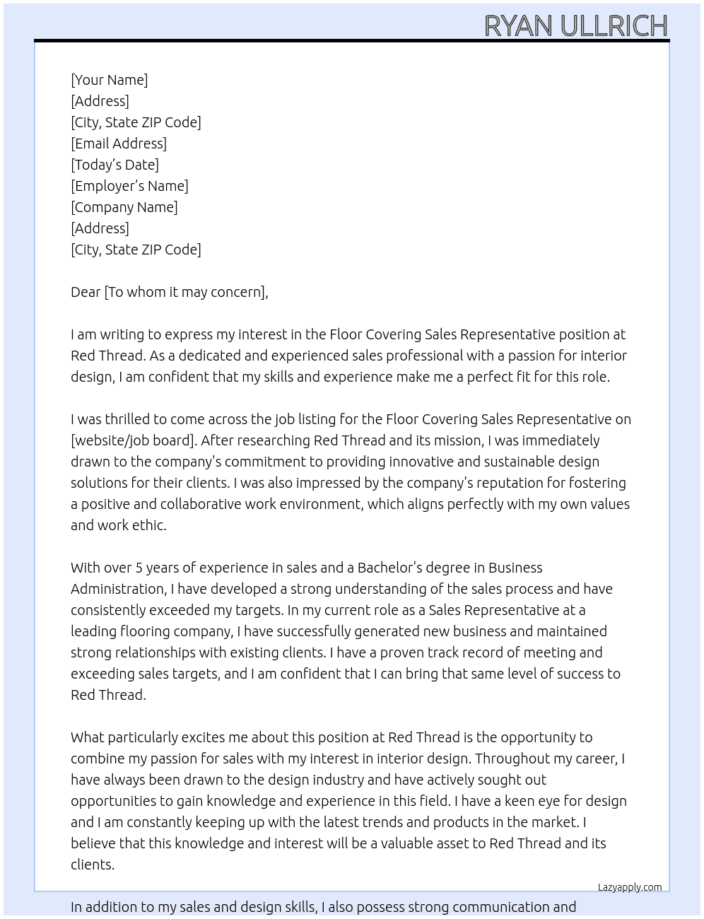 Floor Covering Sales Representative At Red Thread Cover Letter