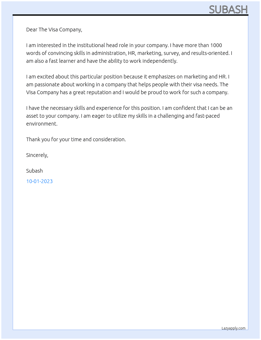 Marketing  and HR At The Visa Company Cover Letter