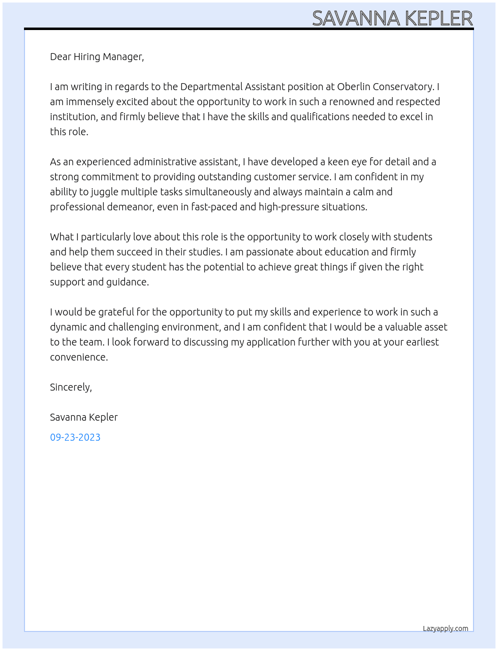 Departmental Assistant At Oberlin Conservatory Cover Letter